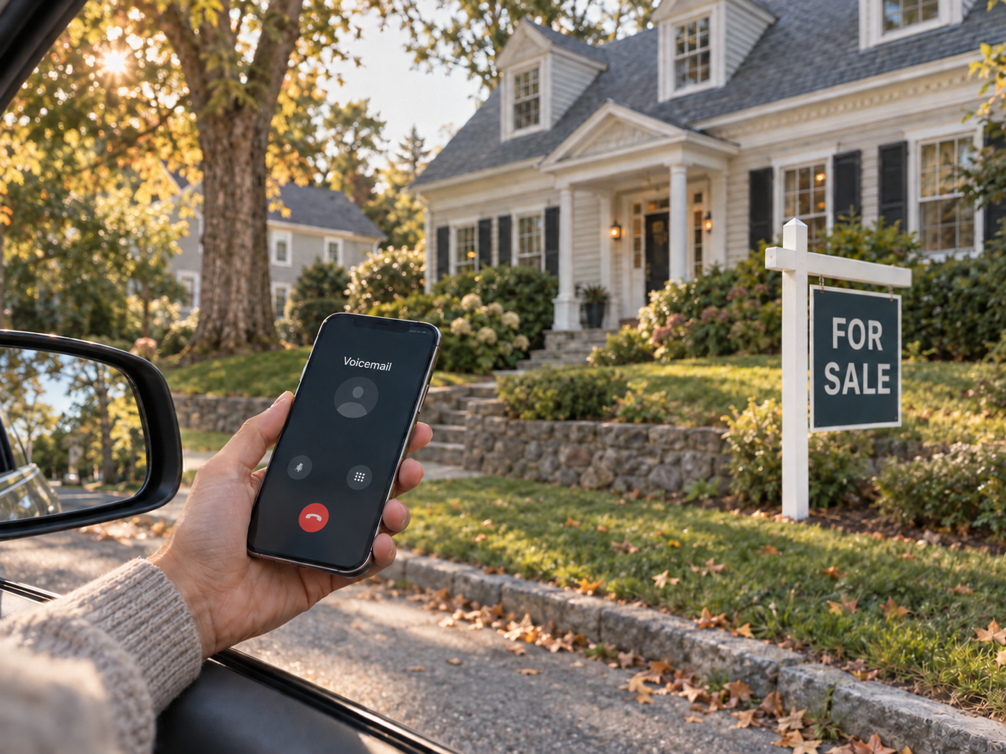 A homebuyer calling from a car outside a house with a yard sign